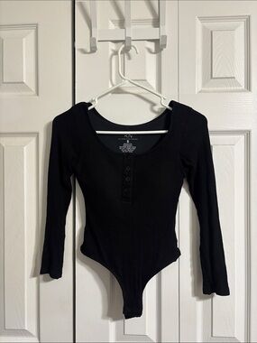 Klassy Network Black Ribbed Henley Scoop Bodysuit
